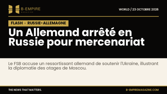 Texte sur fond noir avec bloc FLASH en haut à gauche, titre en blanc et or indiquant l’arrestation d’un Allemand en Russie pour mercenariat.