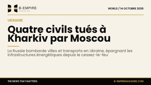 Carte stylisée avec chiffres indiquant quatre morts civils à Kharkiv suite aux bombardements russes en Ukraine