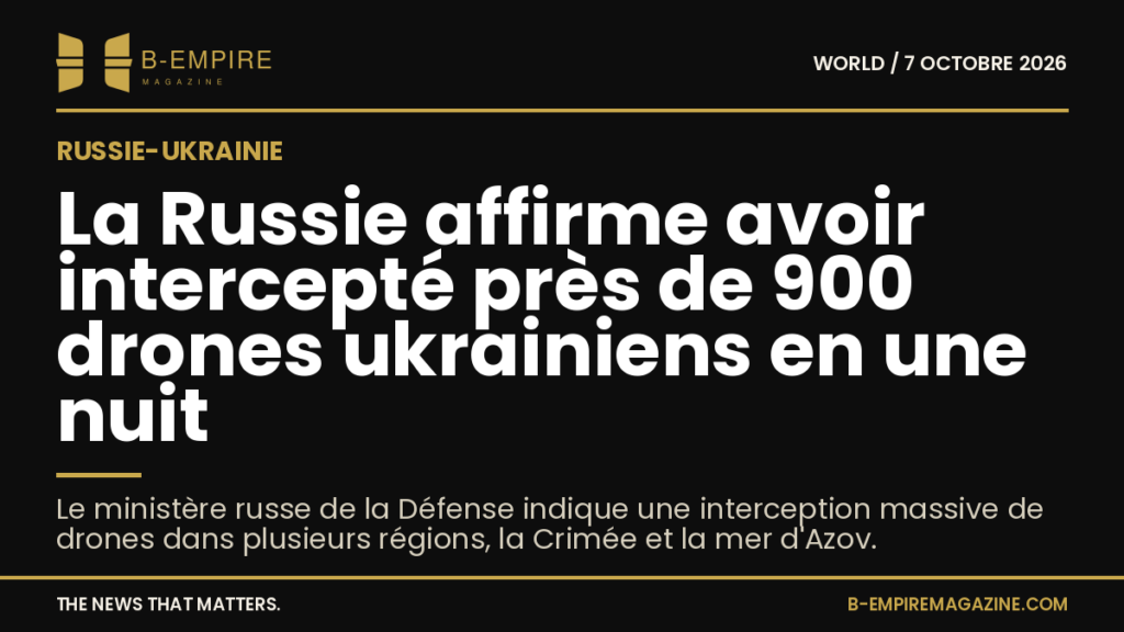 Carte stylisée en noir avec des touches or montrant la Russie, la Crimée et la mer d'Azov avec un titre clair en blanc et or sur fond noir.