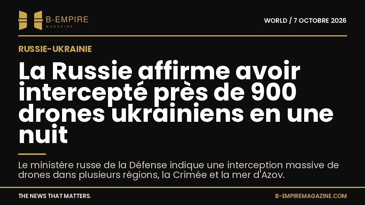 Carte stylisée en noir avec des touches or montrant la Russie, la Crimée et la mer d'Azov avec un titre clair en blanc et or sur fond noir.