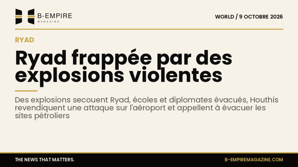 Image stylisée montrant la silhouette de Ryad avec des explosions symbolisées en arrière-plan.