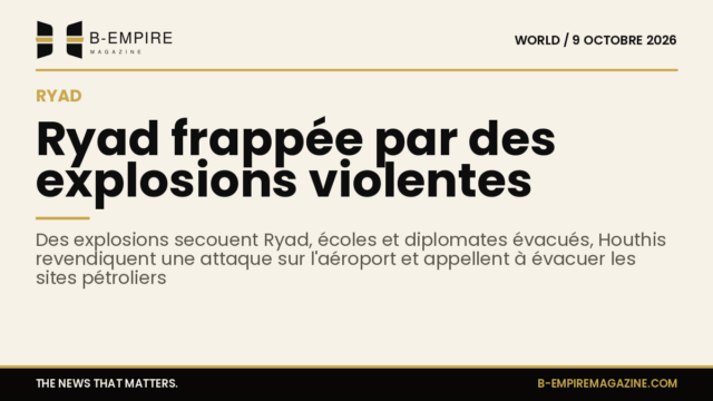 Image stylisée montrant la silhouette de Ryad avec des explosions symbolisées en arrière-plan.