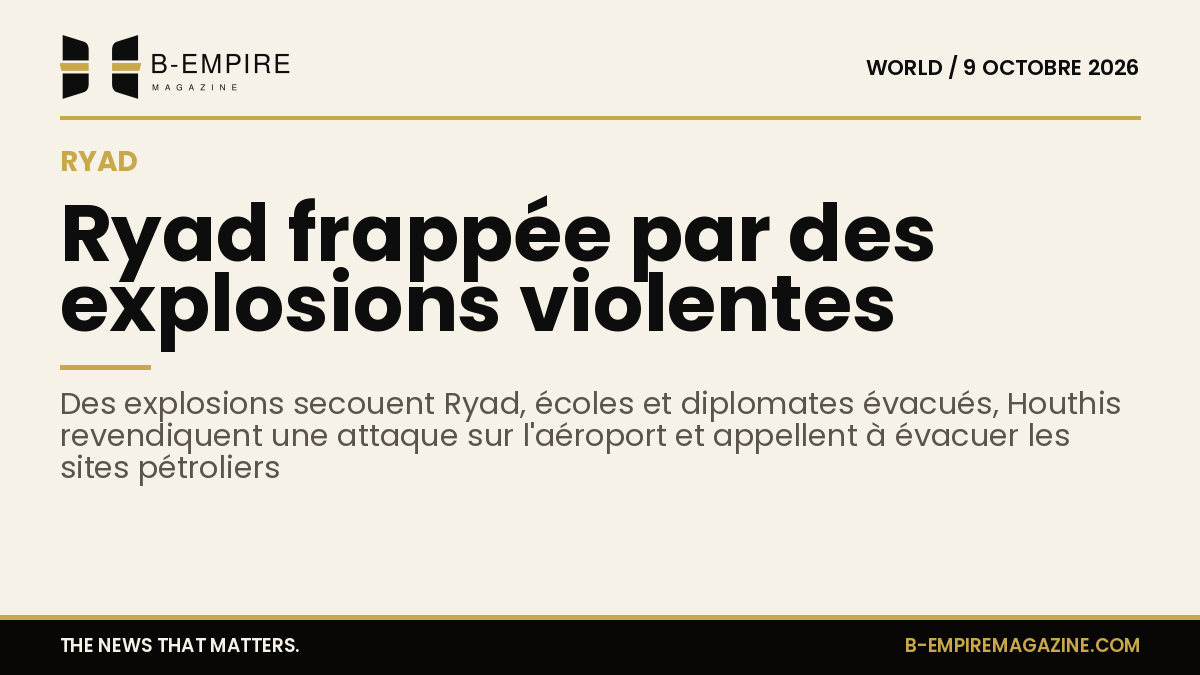 Image stylisée montrant la silhouette de Ryad avec des explosions symbolisées en arrière-plan.
