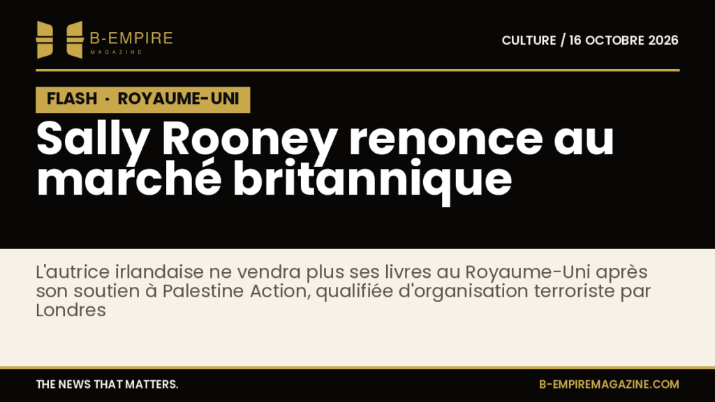 Texte sur fond noir avec un bloc noir marqué FLASH, titre blanc et or annonçant la renonciation de Sally Rooney au marché britannique