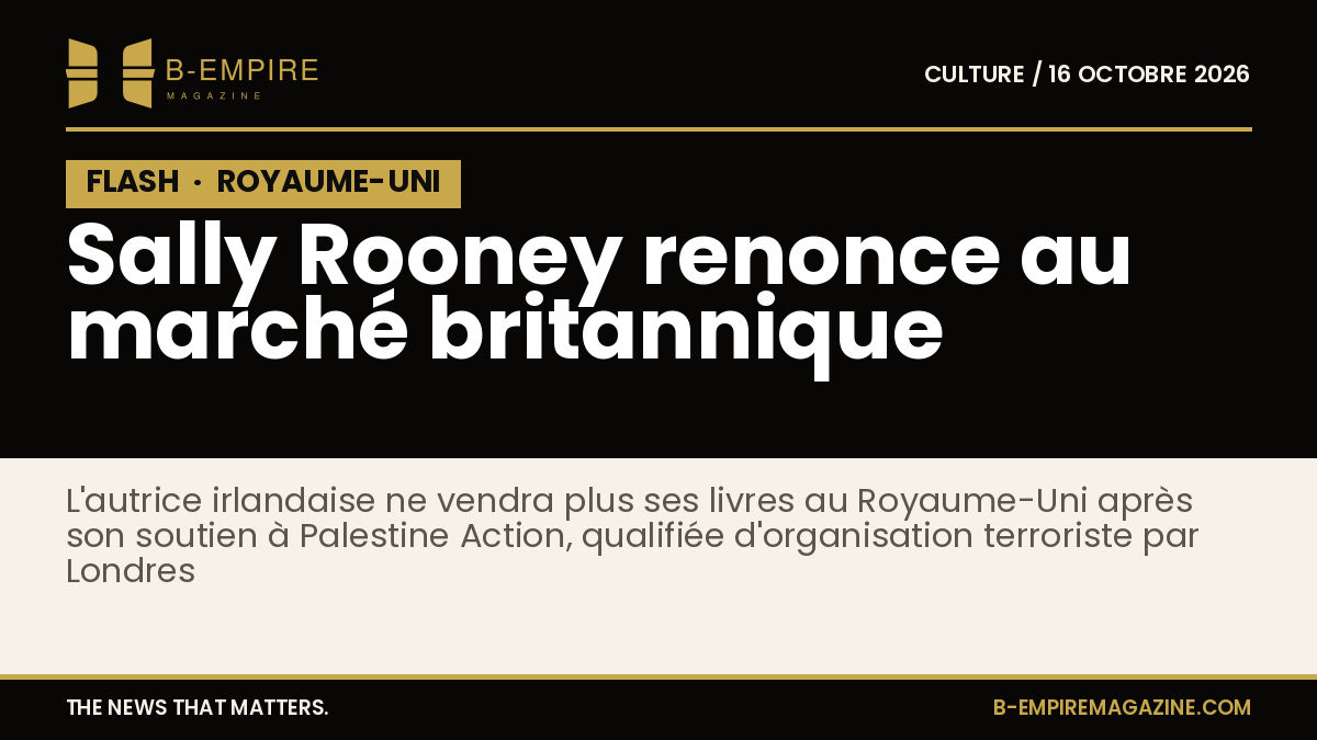 Texte sur fond noir avec un bloc noir marqué FLASH, titre blanc et or annonçant la renonciation de Sally Rooney au marché britannique
