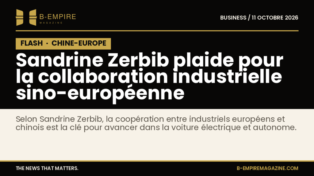 Portrait de Sandrine Zerbib avec des images symboliques de voitures électriques et d'infrastructures chinoises en arrière-plan.