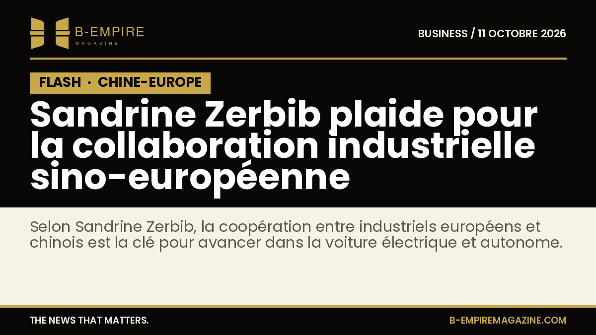 Portrait de Sandrine Zerbib avec des images symboliques de voitures électriques et d'infrastructures chinoises en arrière-plan.
