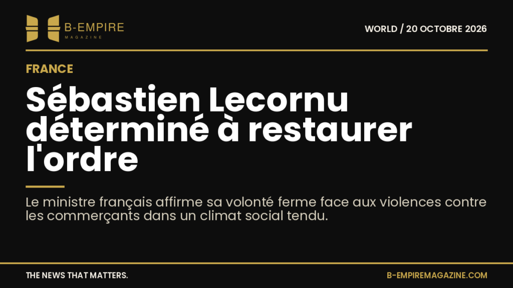 Portrait de Sébastien Lecornu avec un fond sombre et texte en surimpression évoquant la restauration de l'ordre en France.