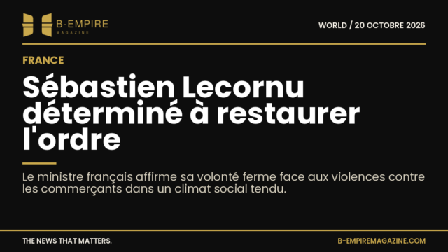 Portrait de Sébastien Lecornu avec un fond sombre et texte en surimpression évoquant la restauration de l'ordre en France.