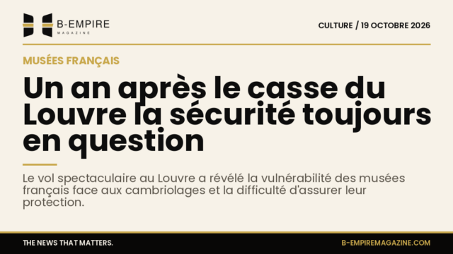 Visuel mettant en avant un chiffre clé « 1 an » sur fond papier avec typographie encre et or, évoquant la sécurité dans les musées français.