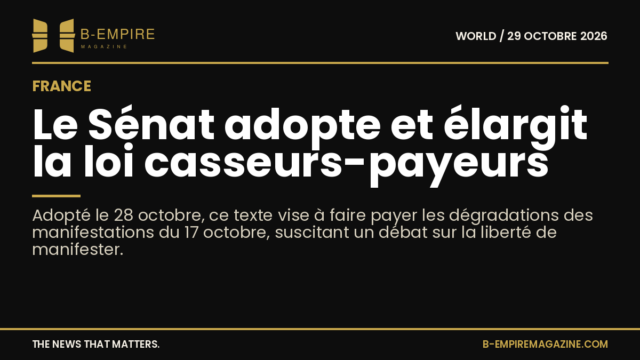 Image stylisée du Sénat français avec un fond noir et texte en or