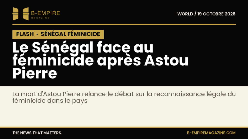 Visuel avec le mot FLASH en blanc sur fond noir, texte en or mettant en avant le féminicide au Sénégal après le décès d'Astou Pierre.