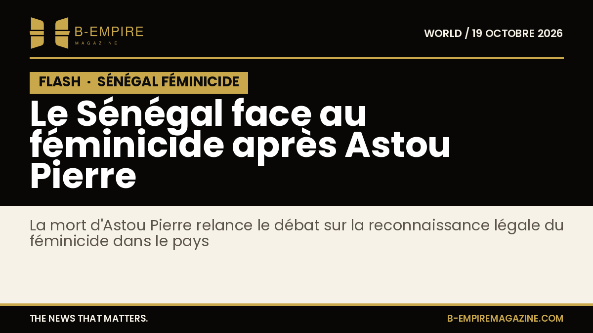 Visuel avec le mot FLASH en blanc sur fond noir, texte en or mettant en avant le féminicide au Sénégal après le décès d'Astou Pierre.
