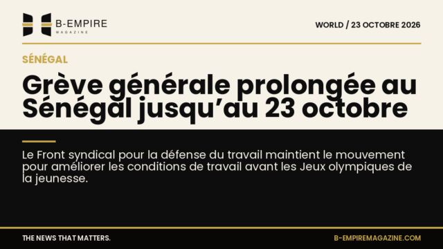 Affiche d'information avec le titre sur fond divisé entre papier et noir, évoquant la grève générale au Sénégal en octobre 2023.