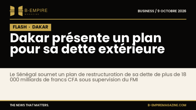 Visuel avec bloc noir et inscription FLASH en or, texte blanc annonçant le plan de restructuration de la dette extérieure du Sénégal