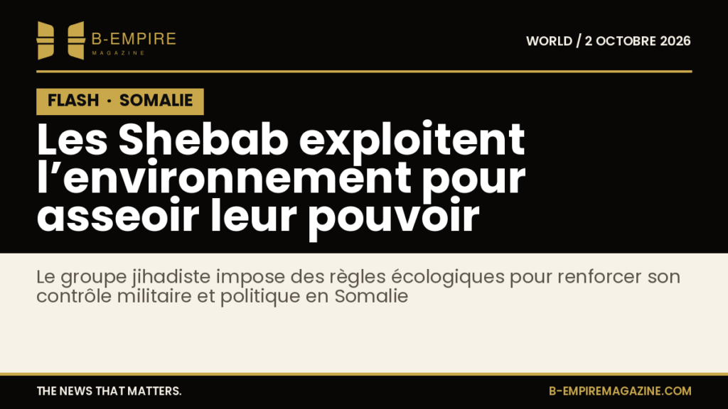 Visuel noir avec bloc FLASH en or et titre blanc évoquant l’utilisation des règles environnementales par les Shebab en Somalie