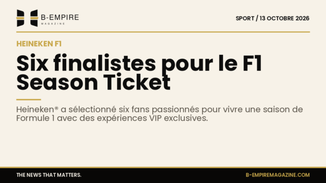 Visuel présentant le chiffre 6 en or sur fond papier avec le logo Heineken et un volant de Formule 1 stylisé.