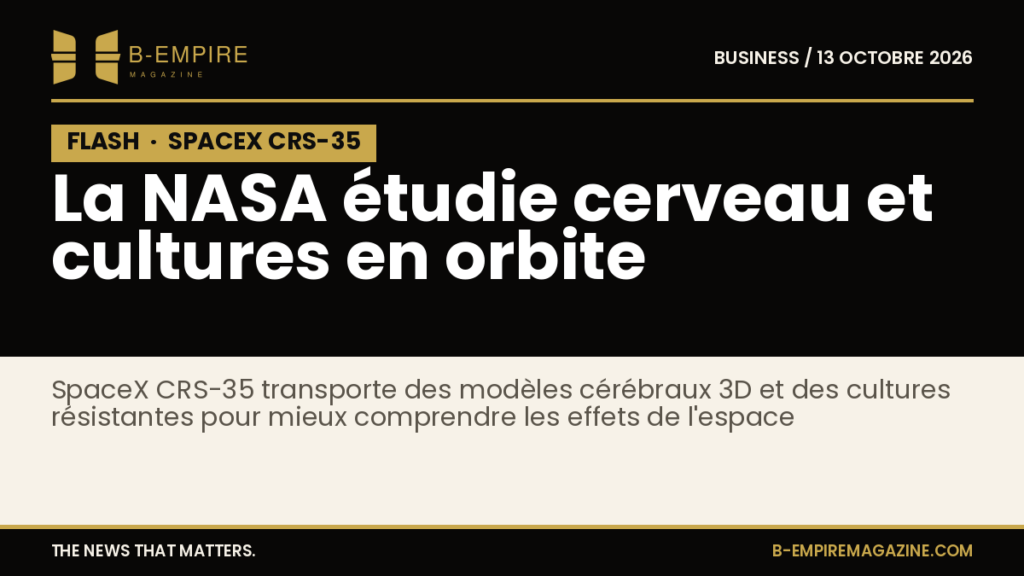 Illustration stylisée d'une fusée SpaceX au décollage avec des symboles de cerveau et de plantes, sur fond noir avec bloc FLASH