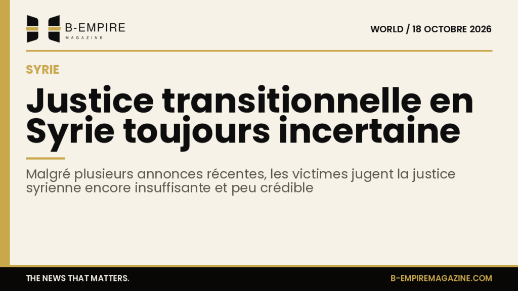 Fond papier avec une bande or en haut et un titre en encre annonçant la justice transitionnelle en Syrie