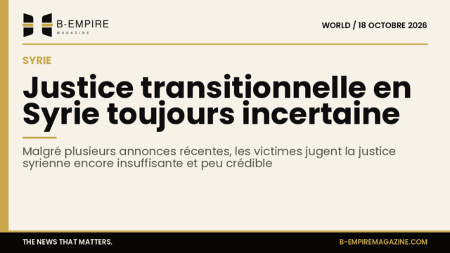 Fond papier avec une bande or en haut et un titre en encre annonçant la justice transitionnelle en Syrie