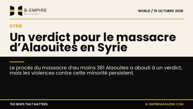 Visuel en split avec moitié fond papier et moitié fond noir, titre à cheval parlant du verdict du massacre d’Alaouites en Syrie.