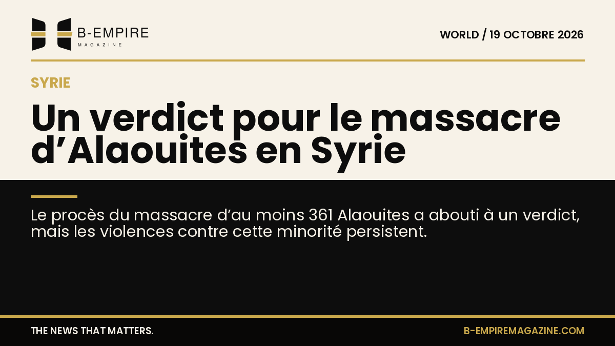 Visuel en split avec moitié fond papier et moitié fond noir, titre à cheval parlant du verdict du massacre d’Alaouites en Syrie.