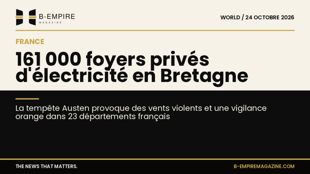 Carte de France montrant la zone Bretagne touchée par la tempête Austen avec des icônes de vents violents et d'électricité coupée