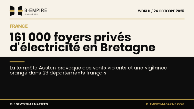Carte de France montrant la zone Bretagne touchée par la tempête Austen avec des icônes de vents violents et d'électricité coupée