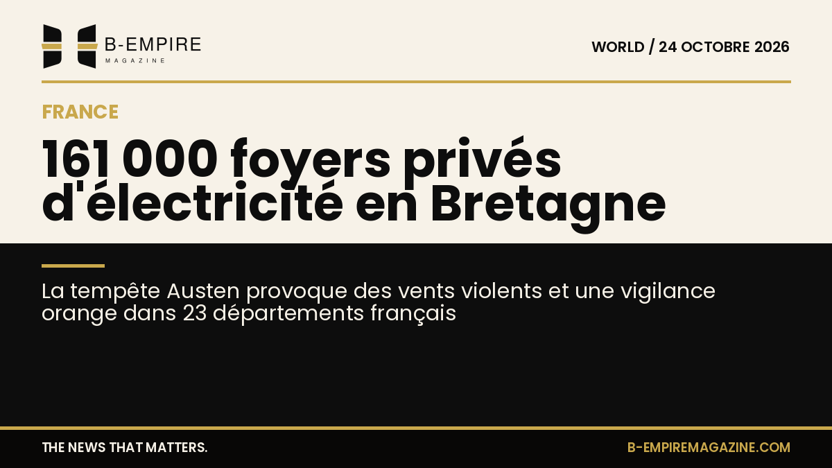 Carte de France montrant la zone Bretagne touchée par la tempête Austen avec des icônes de vents violents et d'électricité coupée
