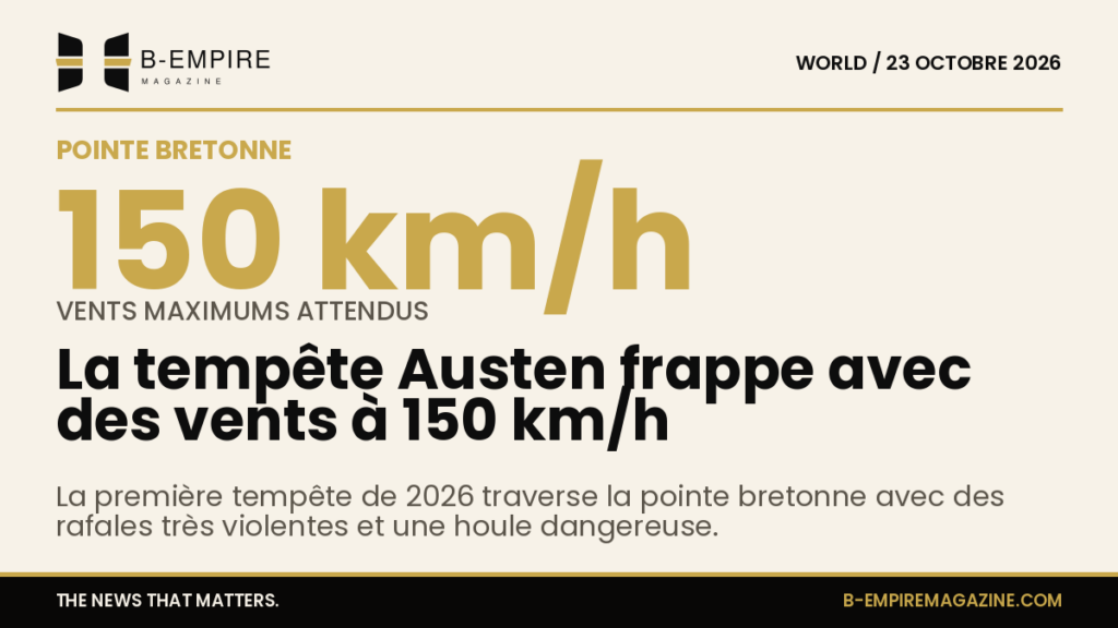 Carte indiquant la pointe bretonne avec des flèches représentant des vents violents à 150 km/h lors de la tempête Austen