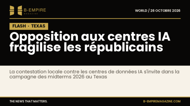Graphique stylisé noir avec le mot FLASH en blanc, titre en or annonçant l'opposition aux centres IA au Texas