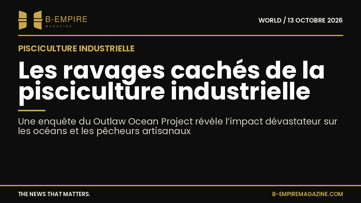 Image sombre avec titre blanc et or sur les impacts de la pisciculture industrielle