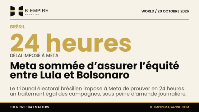 Illustration du logo Meta sur fond neutre avec les portraits floutés de Lula et Bolsonaro