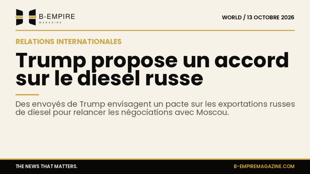 Illustration stylisée d'un accord diplomatique entre la Russie et les États-Unis avec des symboles de pétrole diesel.