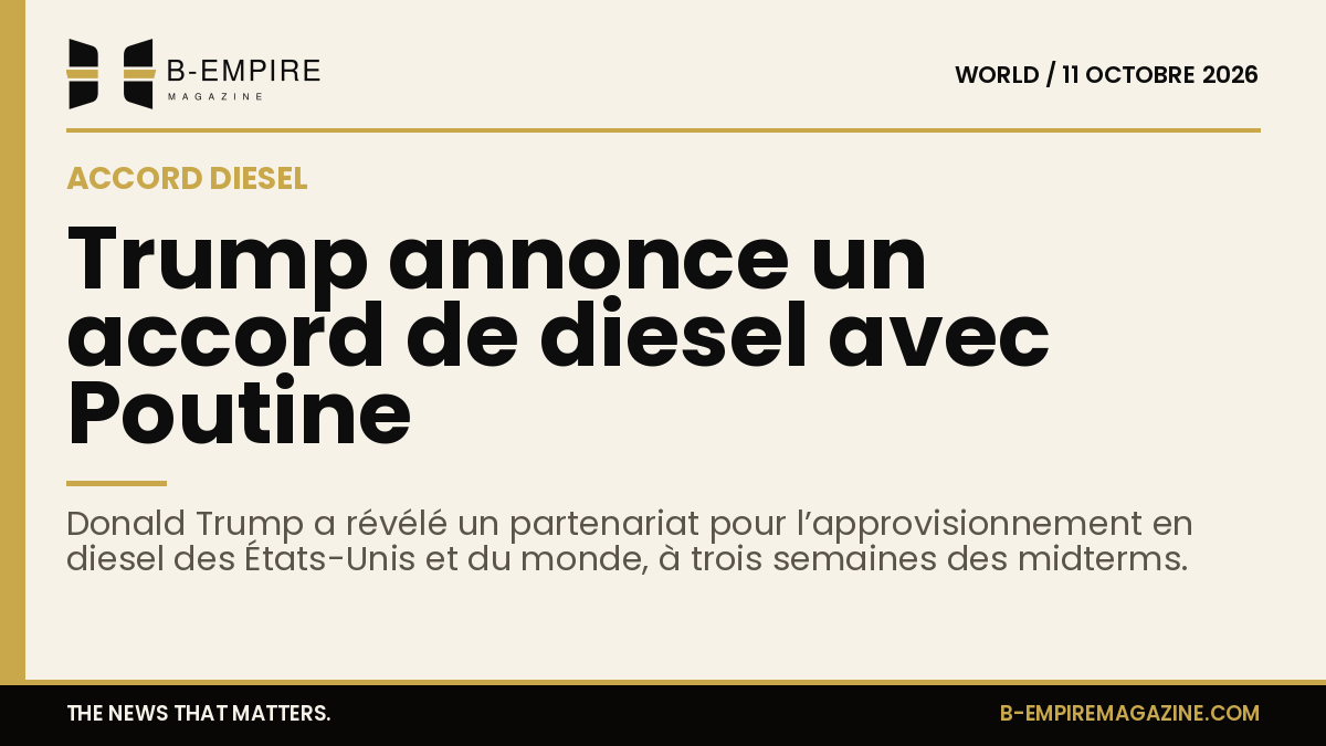 Visuel avec une bande or en haut, titre en encre annonçant l’accord de diesel entre Trump et Poutine
