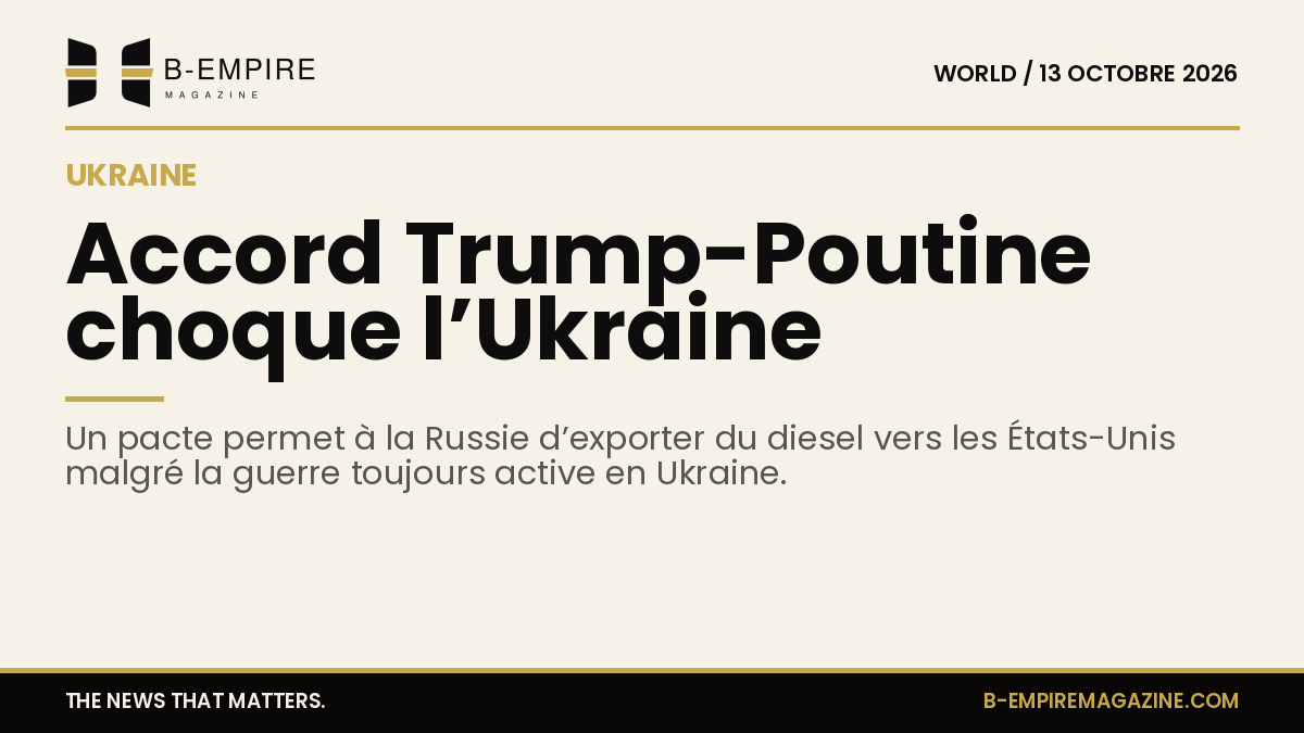 Visuel mettant en avant le chiffre clé sur l’accord sur le diesel entre Trump et Poutine avec des drapeaux de Russie, États-Unis et Ukraine