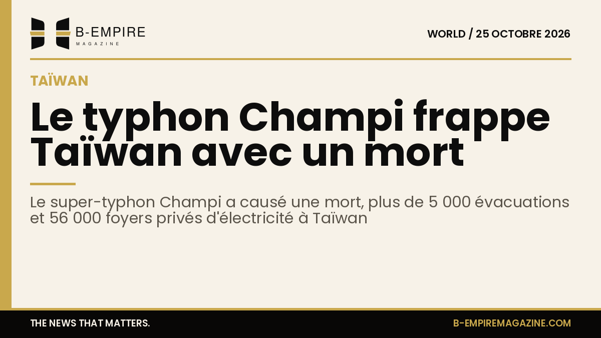 Carte stylisée de Taïwan avec bandeau or en haut et texte sur fond papier évoquant le typhon Champi et ses impacts