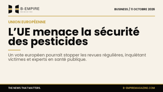Visuel avec fond papier, titre en encre noire sur la sécurité des pesticides en Union européenne, style sobre et élégant.