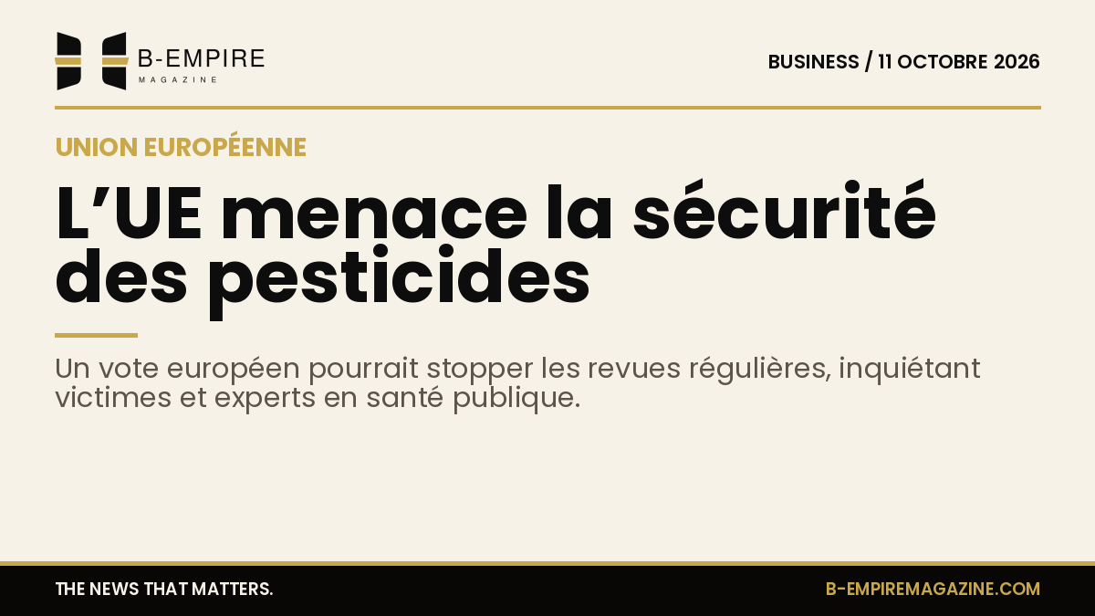 Visuel avec fond papier, titre en encre noire sur la sécurité des pesticides en Union européenne, style sobre et élégant.