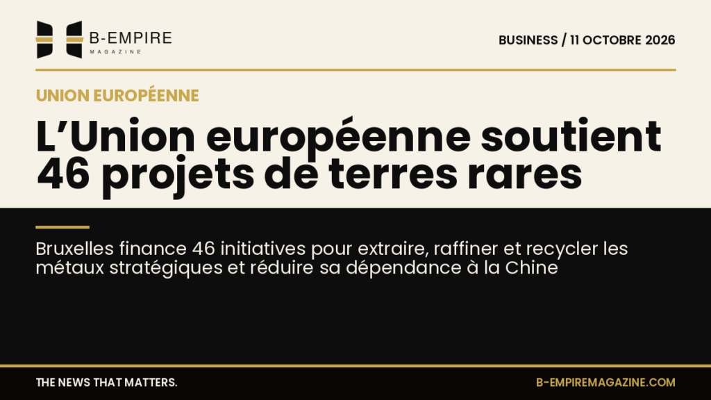 Visuel split avec fond papier et noir, titre sur la réduction de la dépendance aux terres rares chinoises par l’Union européenne