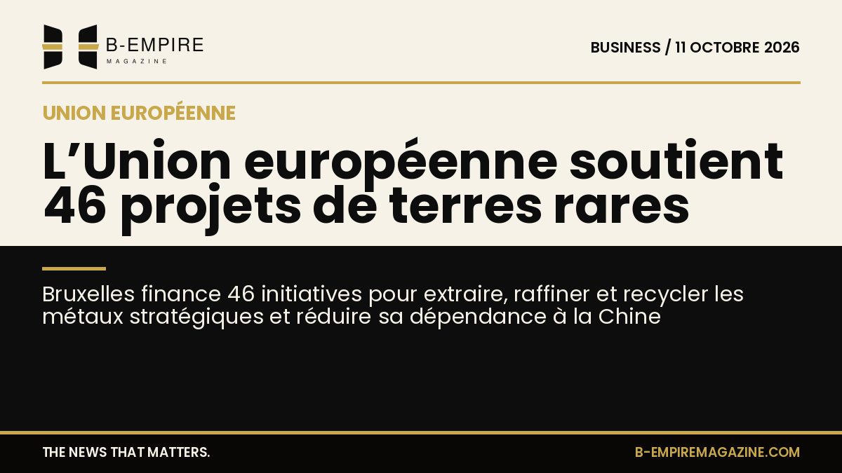 Visuel split avec fond papier et noir, titre sur la réduction de la dépendance aux terres rares chinoises par l’Union européenne