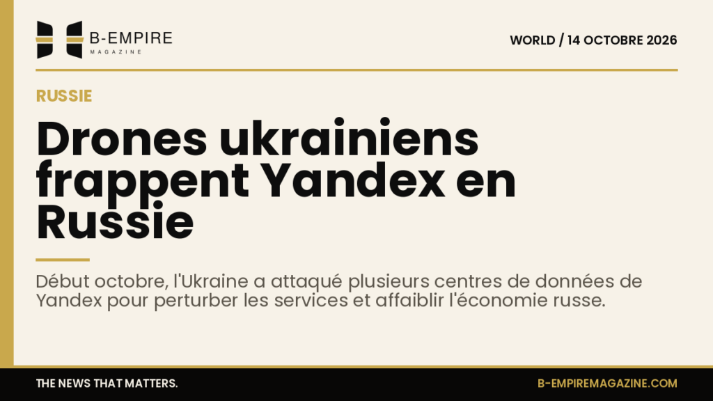 Illustration d'un centre de données avec des drones en vol au-dessus, symbolisant une attaque numérique en Russie