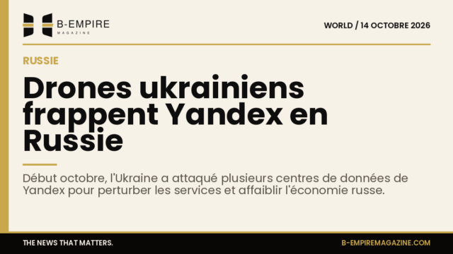 Illustration d'un centre de données avec des drones en vol au-dessus, symbolisant une attaque numérique en Russie