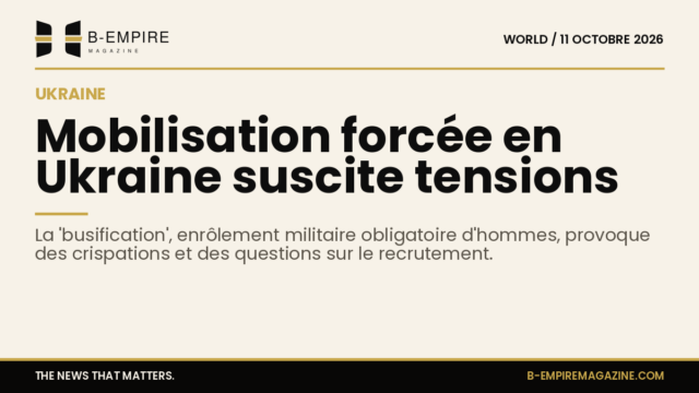 Illustration d'hommes ukrainiens embarqués de force dans un véhicule militaire dans la rue.
