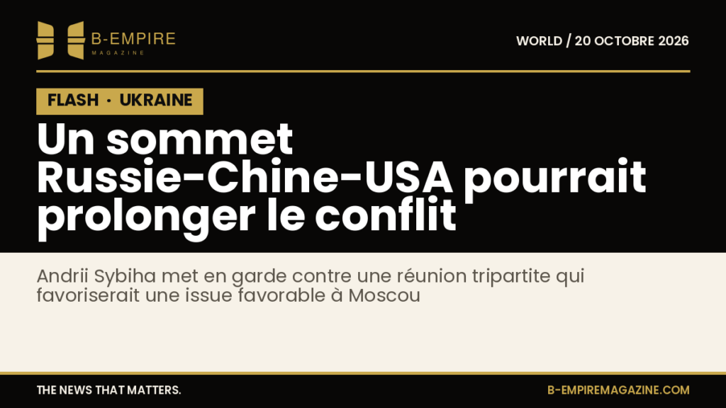 Texte sur fond noir avec bloc noir marqué FLASH en haut à gauche, titre en blanc et or évoquant un sommet Russie-Chine-USA et prolongation du conflit