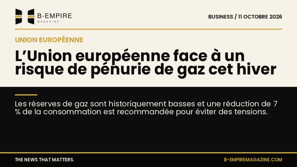 Illustration représentant une carte de l’Union européenne avec des symboles de gaz et un graphique indiquant une baisse des réserves.