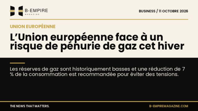 Illustration représentant une carte de l’Union européenne avec des symboles de gaz et un graphique indiquant une baisse des réserves.