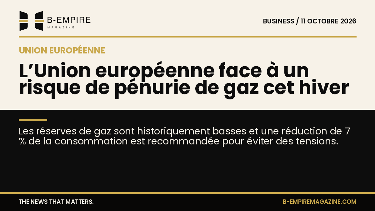 Illustration représentant une carte de l’Union européenne avec des symboles de gaz et un graphique indiquant une baisse des réserves.