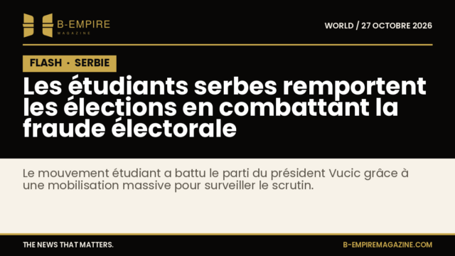 Visuel avec bloc noir marqué FLASH en or et titre blanc sur fond noir annonçant la victoire des étudiants serbes aux élections.