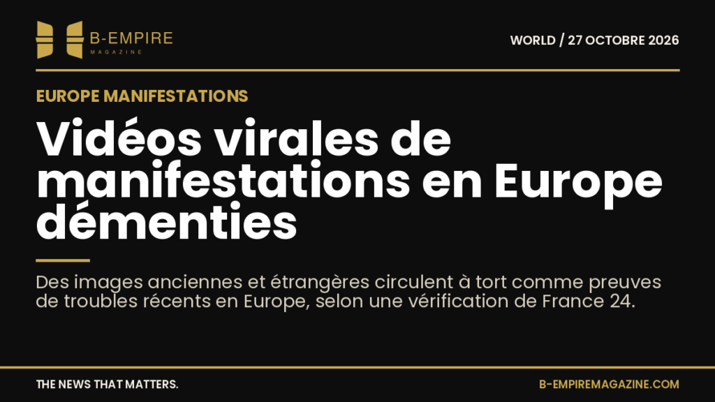 Visuel avec fond noir, titre blanc et or indiquant la vérification des vidéos virales sur les manifestations en Europe